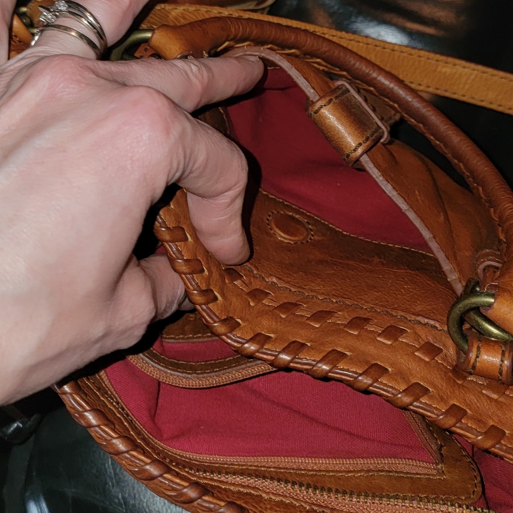 Isabella Fiore Tan Leather Woven-Trim Shoulder Bag with Tassel Accent - Picture 8 of 13